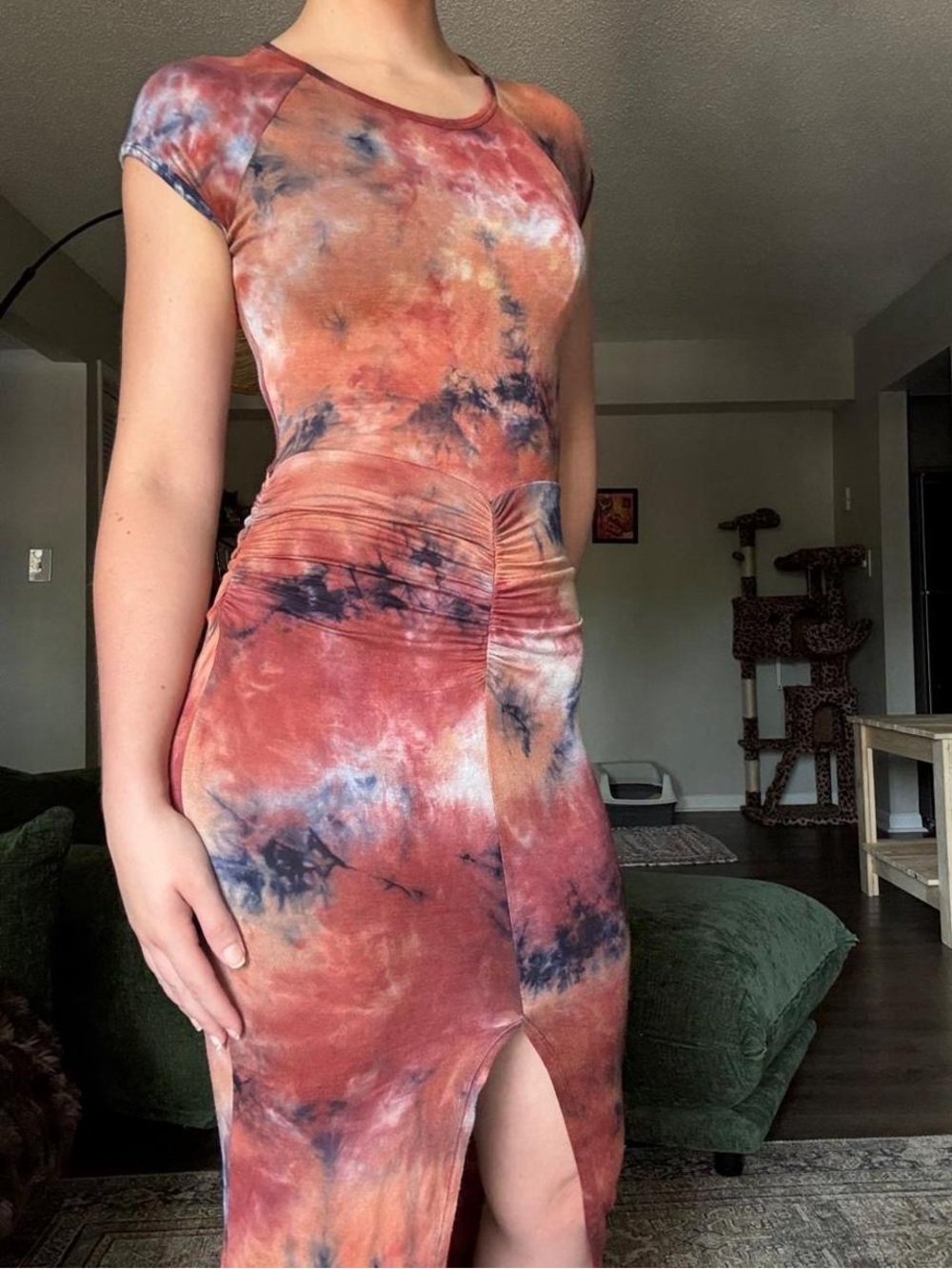 VENUS Rust and Navy Tie-Dye Ruched Maxi Dress